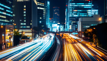 Obraz premium A bustling city at night, with skyscrapers illuminated and traffic creating streaks of light