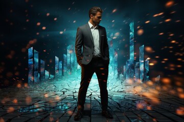 Obraz premium A well-dressed man exudes confidence while standing amid striking blue crystal formations and glowing particles, creating an energetic and dynamic atmosphere