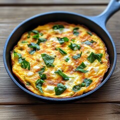 A delicious spinach frittata in a cast iron skillet, showcasing vibrant colors and fresh ingredients on a wooden table.