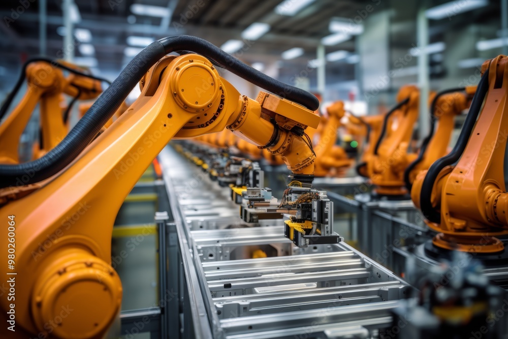 Poster advanced robotic arms work efficiently on an assembly line, showcasing modern manufacturing techniqu
