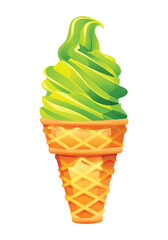Ice cream cone with matcha soft serve. Vector cartoon illustration isolated on white background