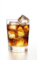 A refreshing glass of whiskey with ice cubes, elegantly displayed on a white background, perfect for beverage advertising.