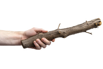 close-up photo of a hand holding a rough branch log with small twigs and natural texture showcasing bark details and rugged surface on an isolated background representing nature outdoor activities woo