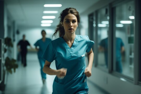 A nurse in turquoise scrubs races down a hospital corridor during an urgent situation, demonstrating determination and speed as she responds to the emergency