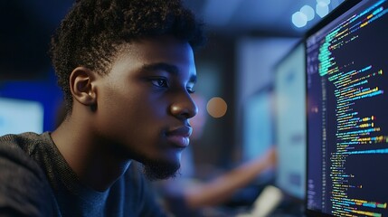 Digital coding and AI cybersecurity learned online by student of African descent.