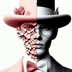 dissoziative Identit&auml;tsst&ouml;rung. Portrait eines m&auml;nnlichen Kopfes mit Brille und Hut. Eine Gesichtsh&auml;lfte ist normal, die anders ist k&uuml;nstlerisch gestaltet.