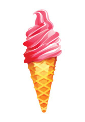 Delicious strawberry soft serve ice cream on a waffle cone. Vector cartoon illustration