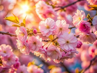 Obraz premium Delicate pink petals of a cherry blossom tree radiate gentle beauty, illuminated by warm soft sunlight, showcasing intricate details in a serene natural close-up scene.
