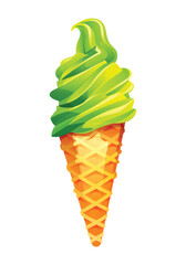 Ice cream cone with matcha soft serve. Vector cartoon illustration