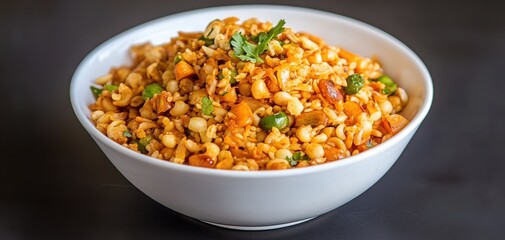 A vibrant bowl of flavorful snack mix with spices, nuts, and seeds, perfect for any occasion.