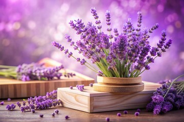 Delicate purple lavender flowers bloom on a podium, creating a soft, serene background for showcasing elegant purple products and luxurious lifestyle accessories.