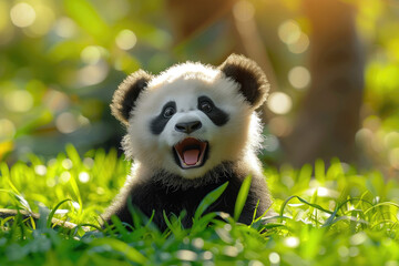 Obraz premium Pandas eat bamboo in the bamboo forest