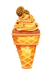 Crunchy waffle cone topped with caramel ice cream, sprinkled with tiny chocolate bits. Vector cartoon illustration
