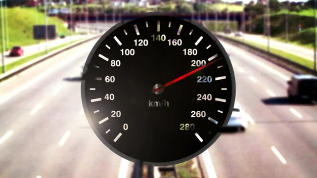 A highway and a speedometer in the car