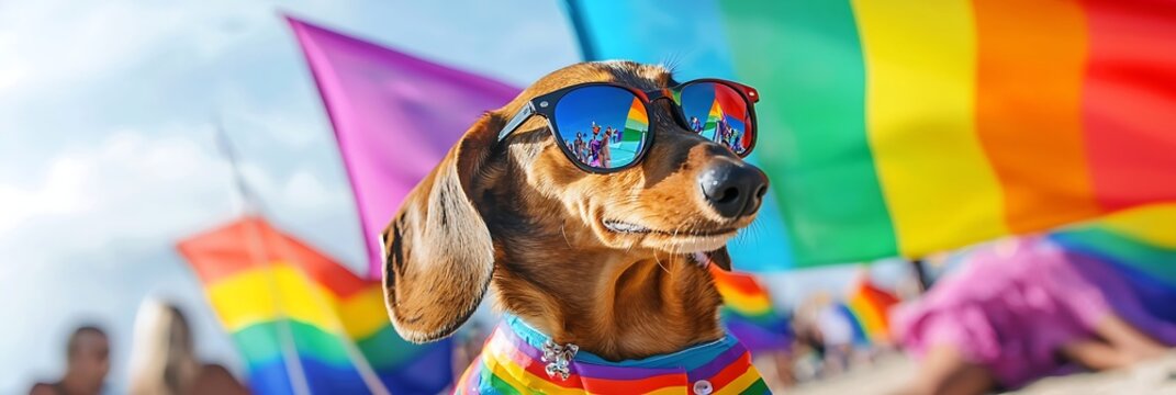 Summer pride parade at a beach featuring a dachshund sporting sunglasses.