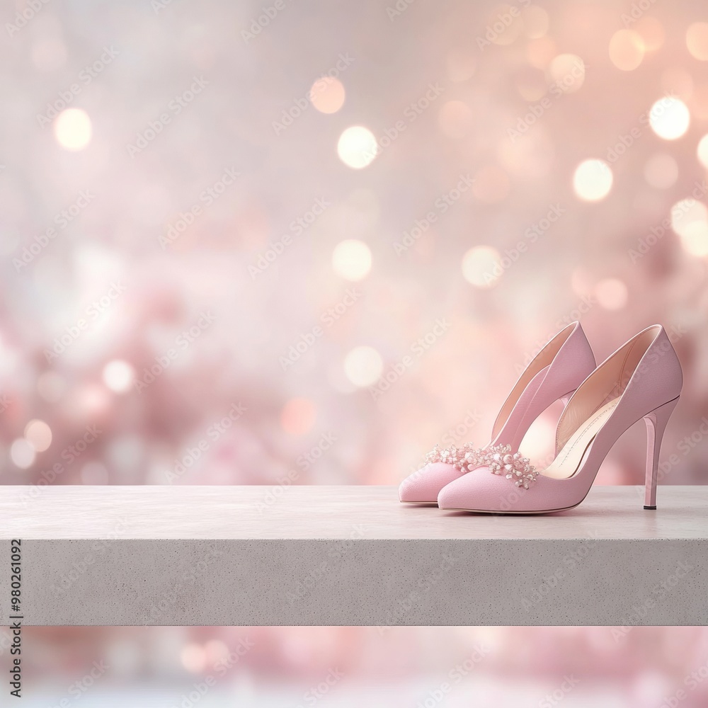 Aufkleber Minimalist Pastel Product Display Elegant Pink Heels on Concrete Surface with Soft Bokeh Background