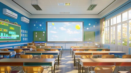 A classroom with a large interactive whiteboard and neatly arranged desks