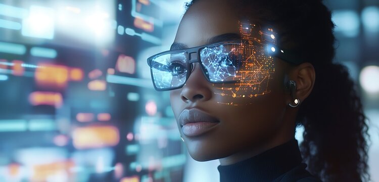 Augmented reality scene of IT specialist studying cybersecurity in high-tech setup.