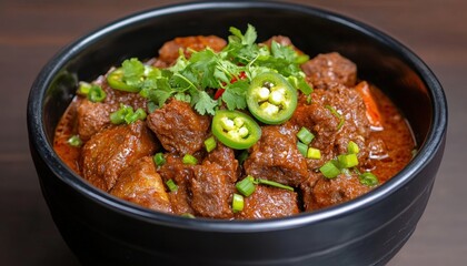 Delicious bowl of spicy beef stew garnished with fresh herbs and peppers, perfect for a comforting meal.
