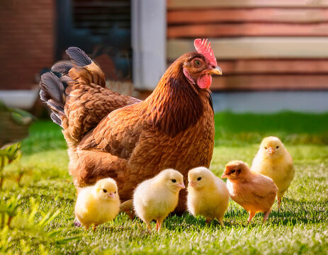 Gallina colorada cuidando a sus cinco pollitos reci&eacute;n nacidos en un patio verde.