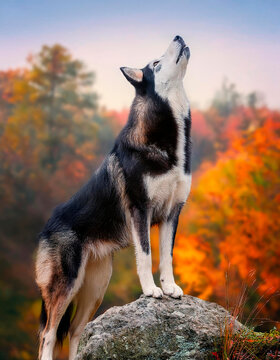 Hermoso perro de raza lobo, de color blanco y negro, parado en una piedra ladrando.