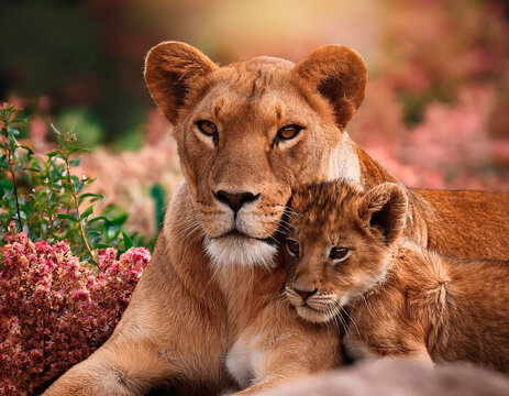 Leona madre abrazando a su peque&ntilde;o leoncito entre la vegetaci&oacute;n.