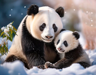 Obraz premium Osa panda de color negro y blanco jugando con su pequeño osezno en la nieve.