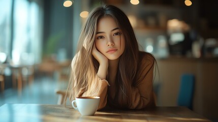 A serene young woman rests her chin on her hand, gazing thoughtfully while sipping coffee in a cozy cafe setting.