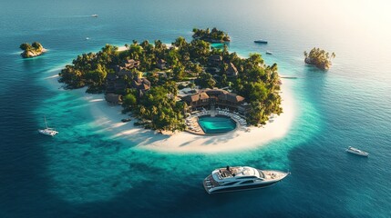 Aerial view of a luxury resort island, surrounded by turquoise waters and white sandy beaches, with yachts docked near the shore, Futuristic, Vibrant colors, 3D rendering