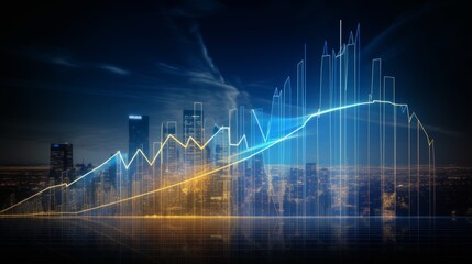 A vibrant display of a growth chart overlays a city skyline at dusk, illustrating financial trends and market fluctuations against a glowing backdrop