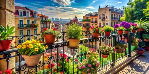 Fototapeta premium Vibrant balcony overflowing with lush greenery and diverse flowers in colorful pots, surrounded by ornate railings, against a soft, serene urban cityscape background.
