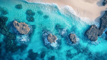 Drone shot capturing the intricate patterns of coral formations under crystal-clear turquoise waters focus on, marine biodiversity, realistic, Composite, sandy beach backdrop
