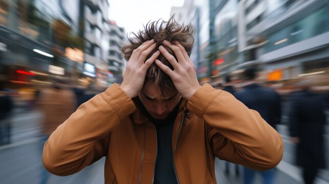 Anxiety in urban crowd: stress and overwhelm concept for mental health awareness posters