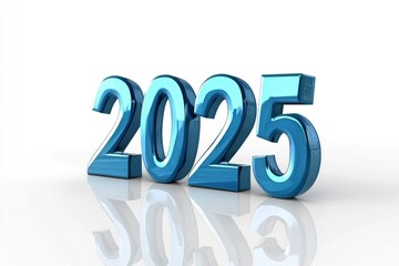Happy new year "2025" 3D blue text isolated over white background with reflection and shadow. 3D rendering with generative ai