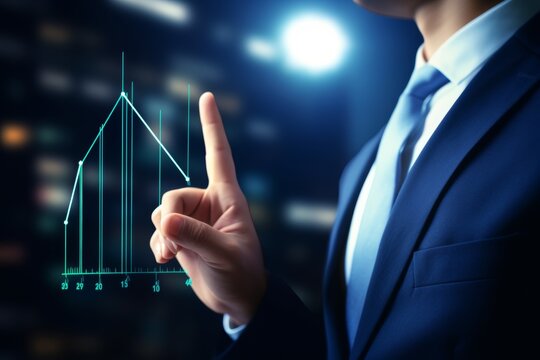 A businessman in a suit gestures towards a digital graph, highlighting financial trends and data points in a contemporary office environment at night
