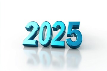 Happy new year "2025" 3D blue text isolated over white background with reflection and shadow. 3D rendering with generative ai