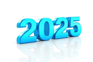 Happy new year "2025" 3D blue text isolated over white background with reflection and shadow. 3D rendering with generative ai