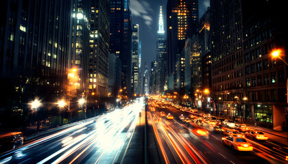 A bustling city at night, with skyscrapers illuminated and traffic creating streaks of light