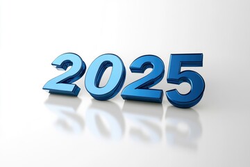 Happy new year "2025" 3D blue text isolated over white background with reflection and shadow. 3D rendering with generative ai