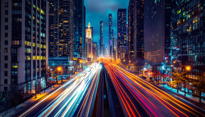 Fototapeta premium A bustling city at night, with skyscrapers illuminated and traffic creating streaks of light