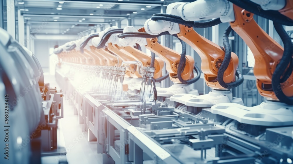 Poster advanced robotic arms work efficiently along a production line, assembling glass bottles in a contem