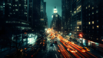 Obraz premium A bustling city at night, with skyscrapers illuminated and traffic creating streaks of light