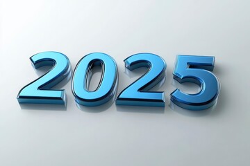 Happy new year "2025" 3D blue text isolated over white background with reflection and shadow. 3D rendering with generative ai
