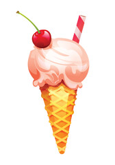 Ice cream topped with cherry and wafer stick in a waffle cone. Vector cartoon illustration