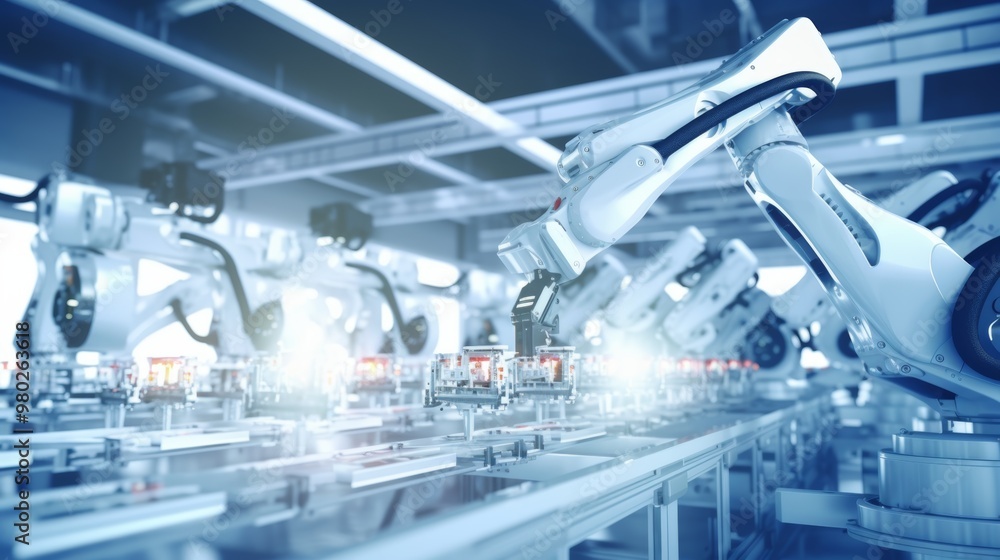 Poster robotic arms are engaged in precision assembly tasks within a high-tech manufacturing facility, show