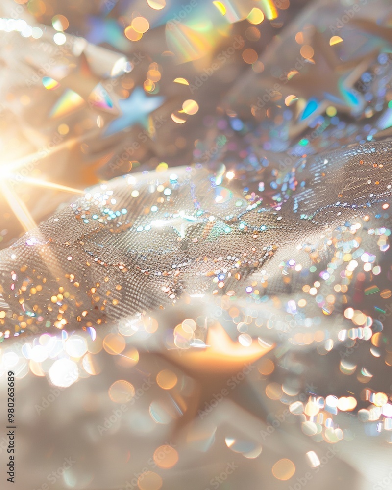 Poster Magical Close-up of Reflective Star Shaped Sequins on Fabric with Bokeh Effect in Natural Light
