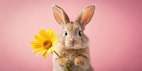 Obraz premium Adorable Easter bunny grasping a bright yellow gerbera flower in its paws, set against a soft pink background, conveying springtime joy and innocence.