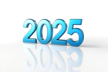 Happy new year "2025" 3D blue text isolated over white background with reflection and shadow. 3D rendering with generative ai