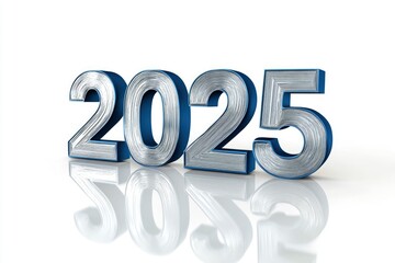 Happy new year "2025" 3D blue text isolated over white background with reflection and shadow. 3D rendering with generative ai