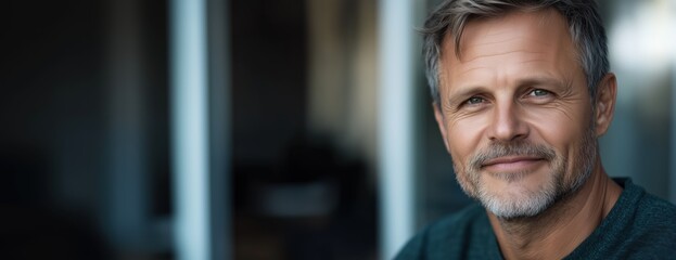 Content middle-aged man with a soft smile and grey hair for relaxed lifestyle promotions